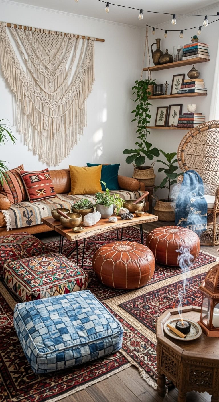 Bohemian maximalist living room with rich textiles