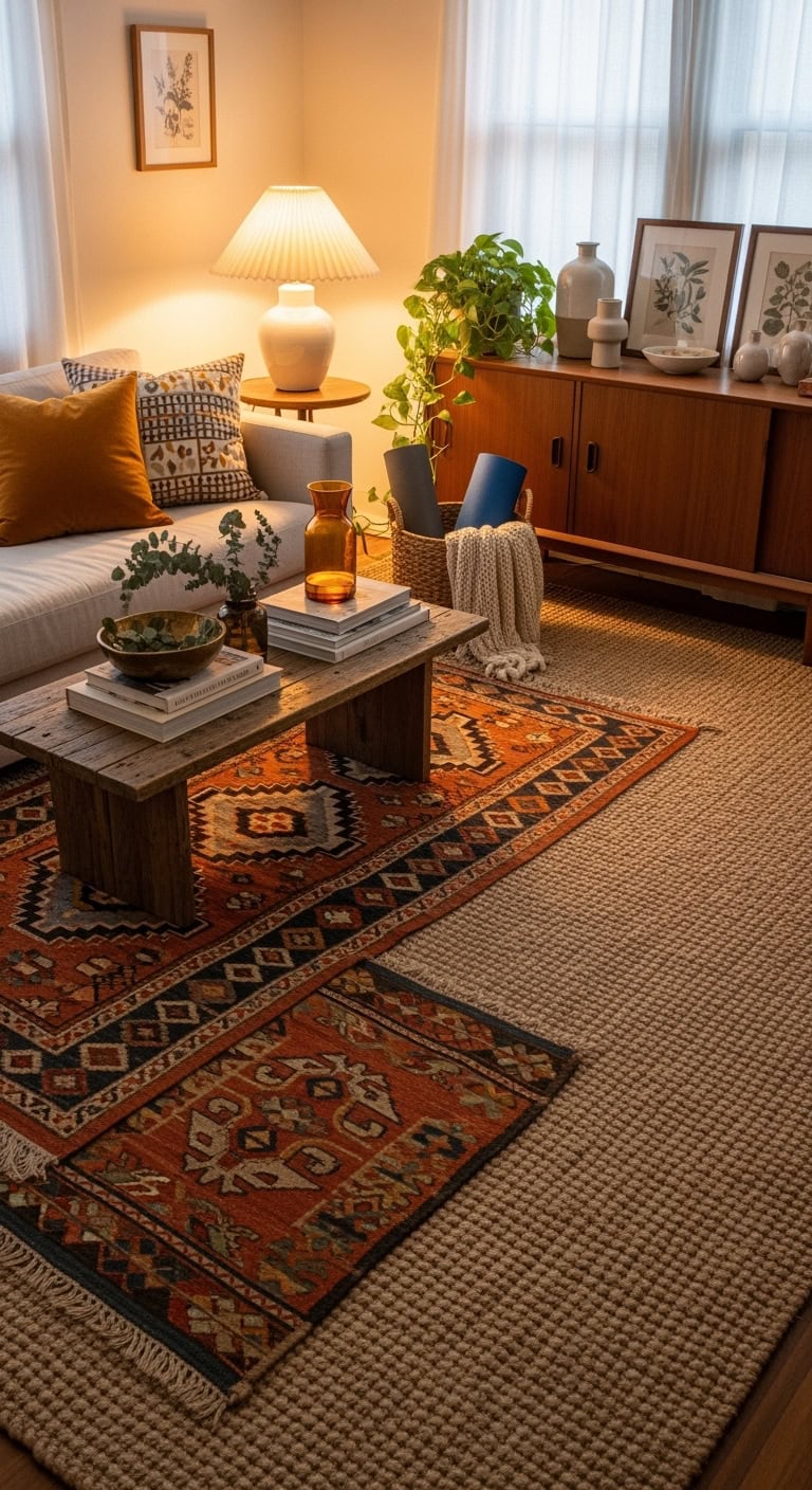 Layered rugs in living room