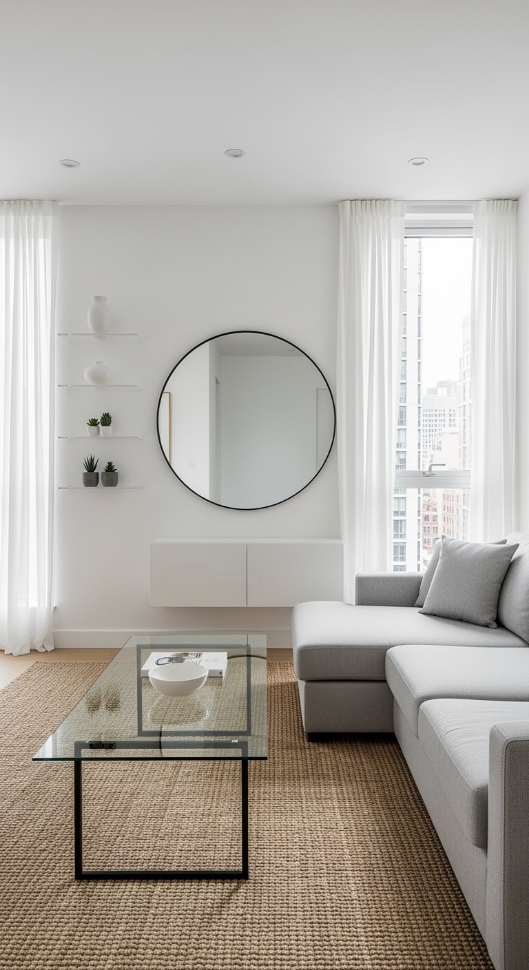 sleek minimalist living room with neutral tones
