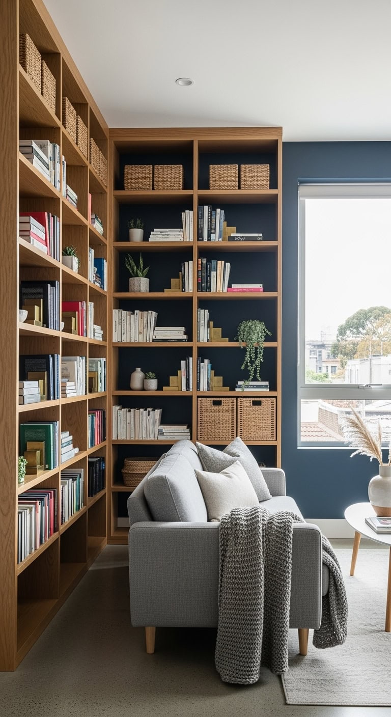 floor-to-ceiling shelving in small apartment