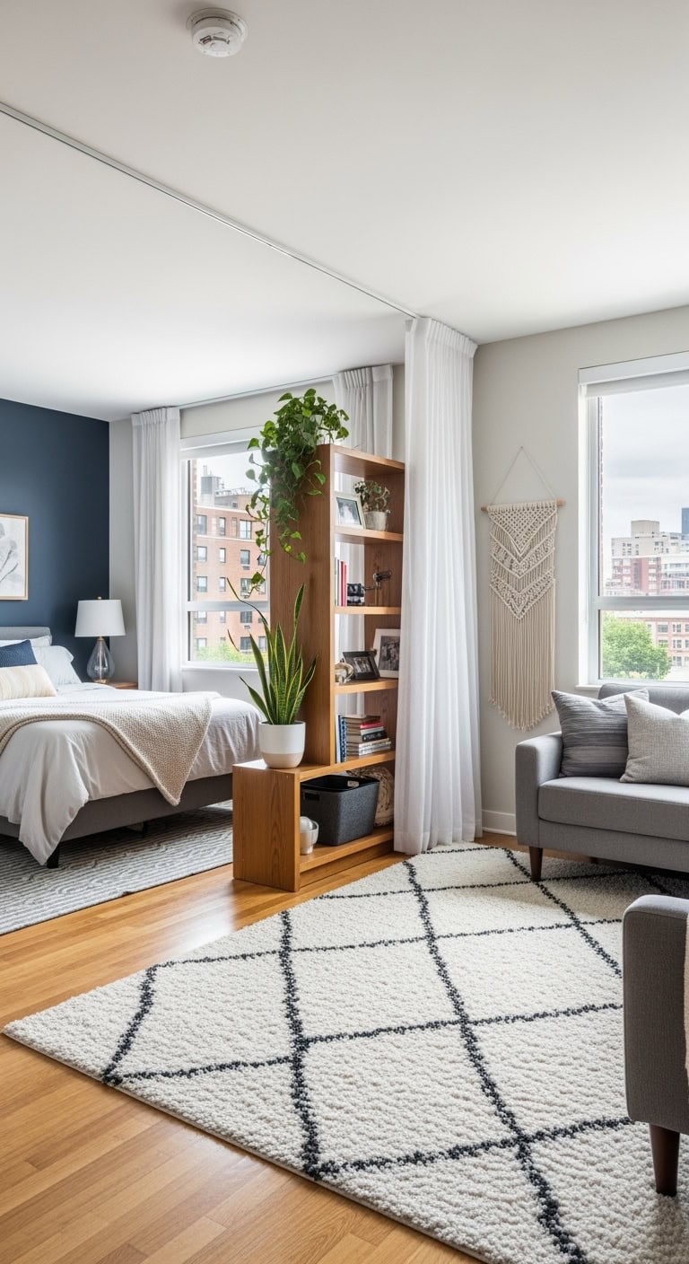 layered living zones with rugs