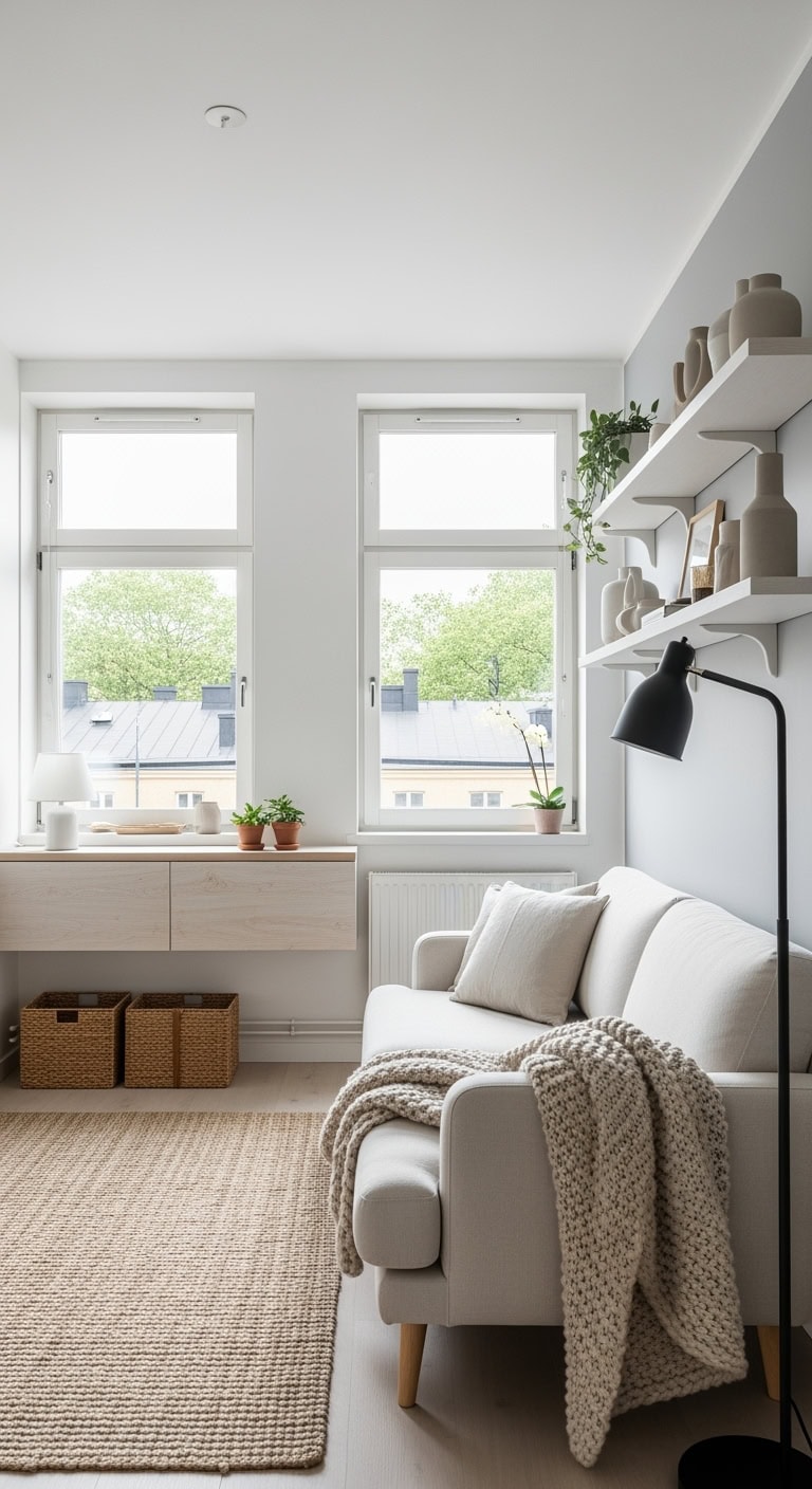 minimalist scandinavian living room with natural wood
