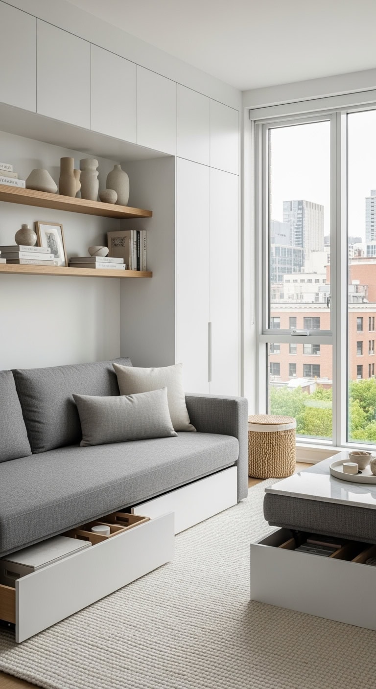 concealed built-in storage in small living room