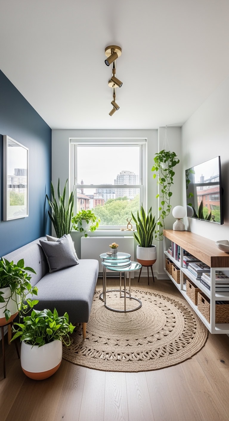 armless sofa with nesting tables