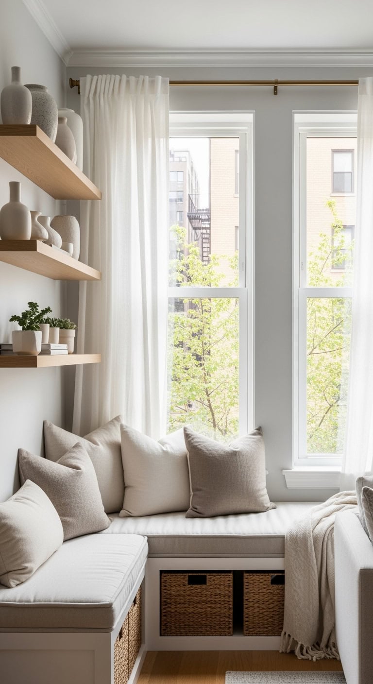 cozy windowsill nook with sheer curtains