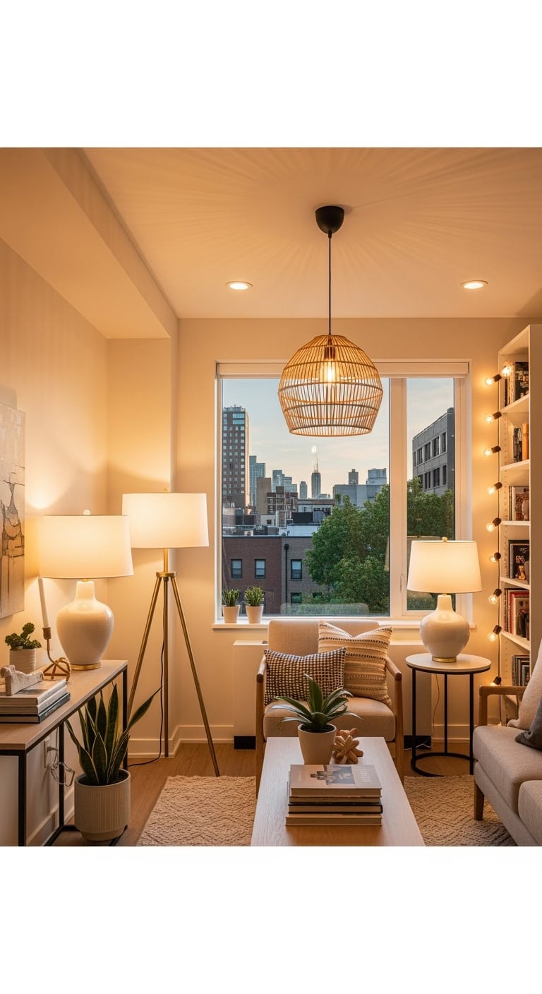 warm layered lighting in small living room