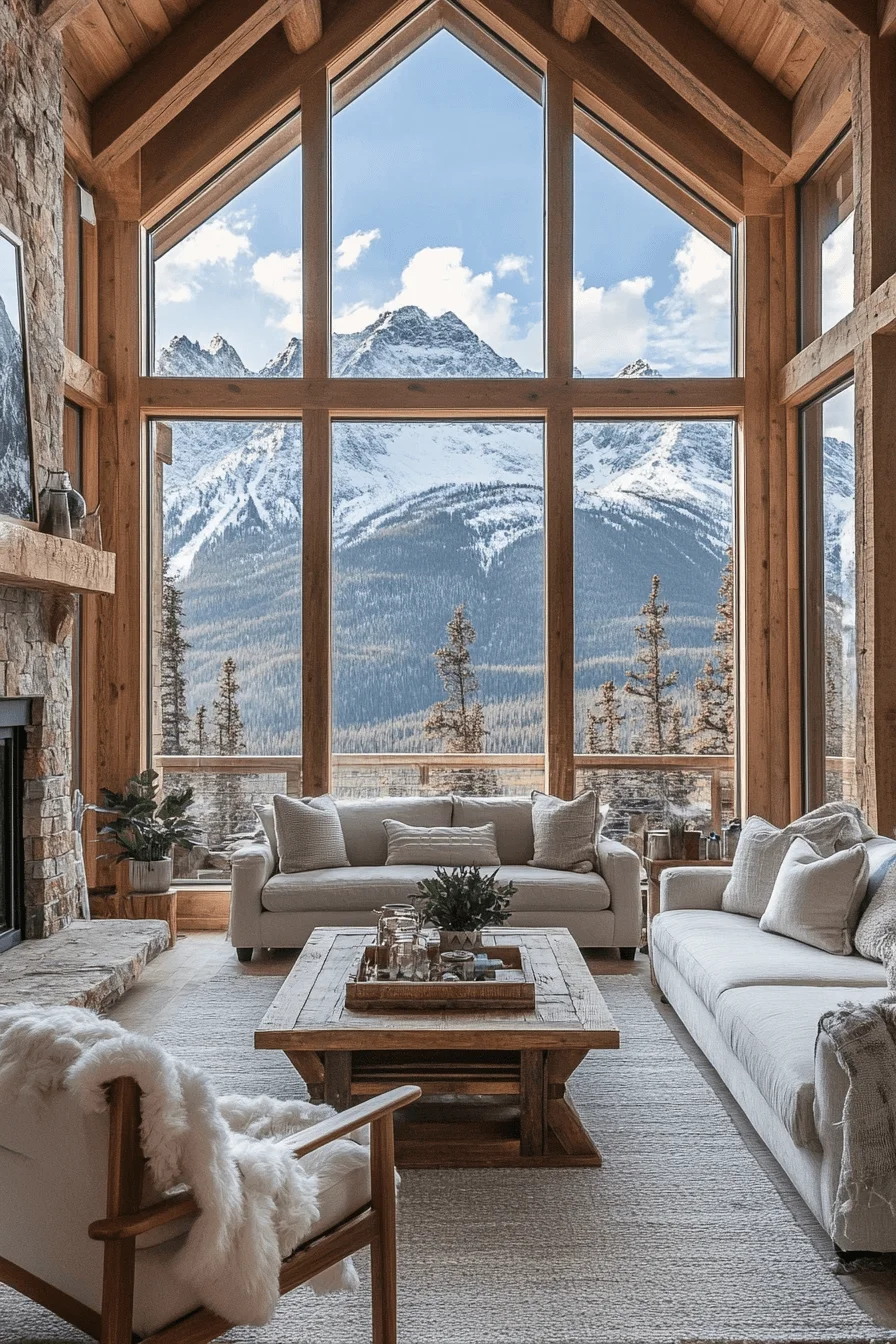 Cabin living room with mountain views