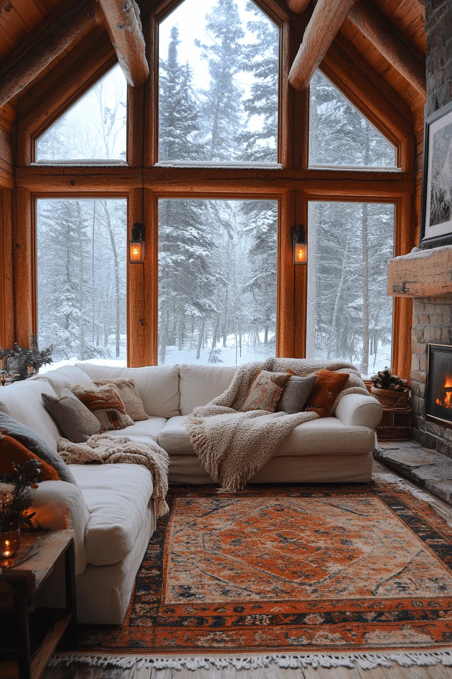 Winter cozy cabin living room