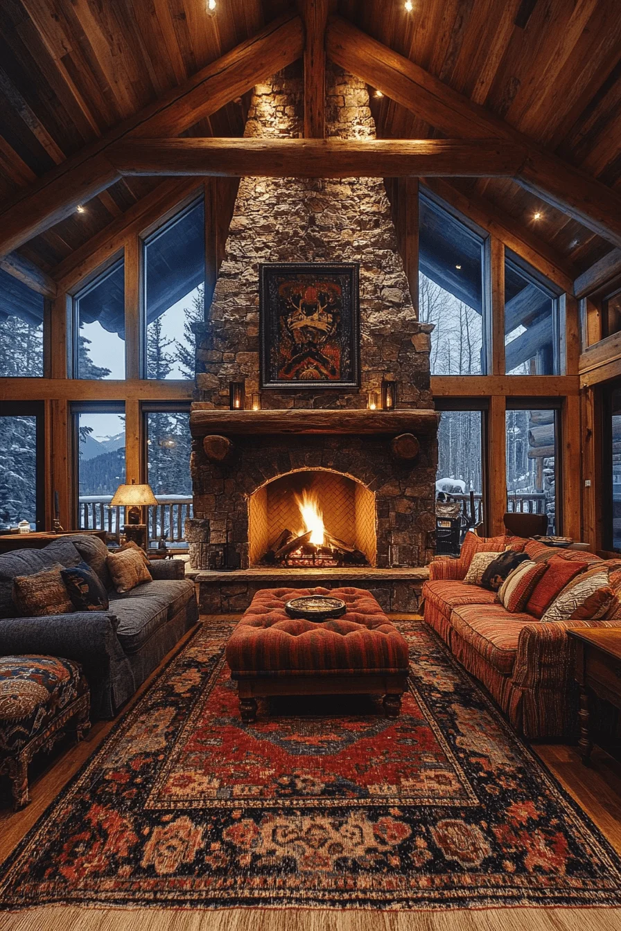 Cabin living room with fireplace gathering