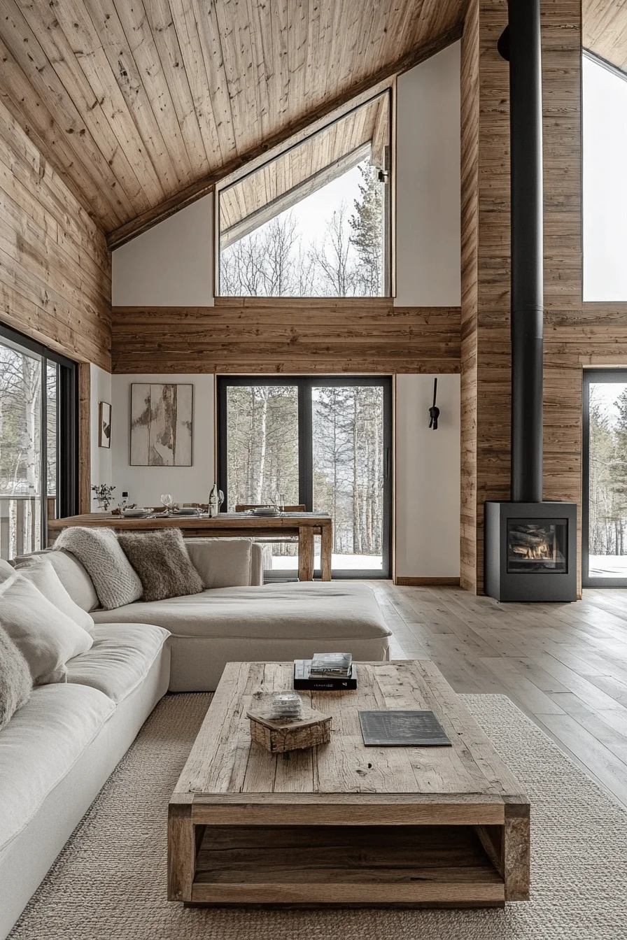 Minimalist wood cabin living room