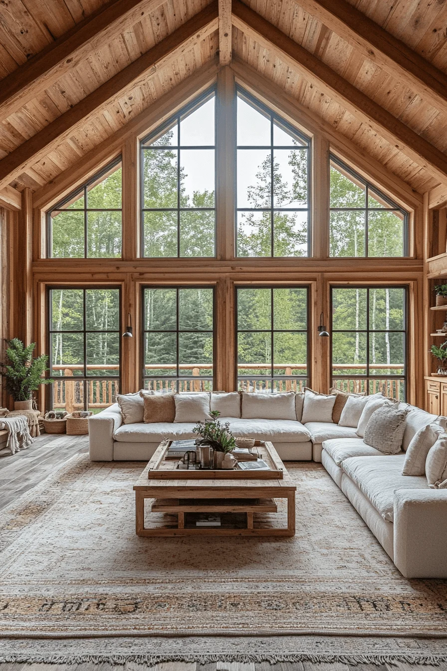 Spacious cabin living room with hearth