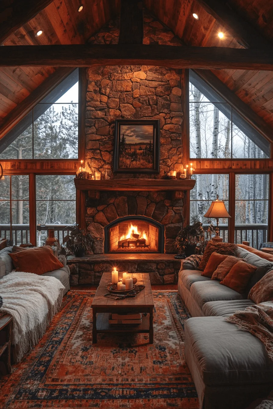 Cabin living room with fireplace gathering