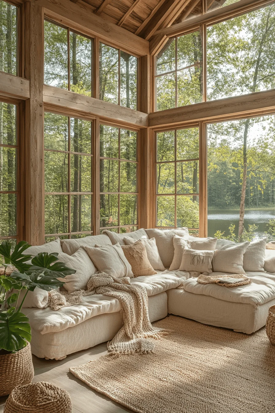 Sunlit timber cabin living room