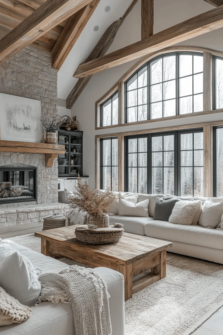 Rustic light-filled cabin living room