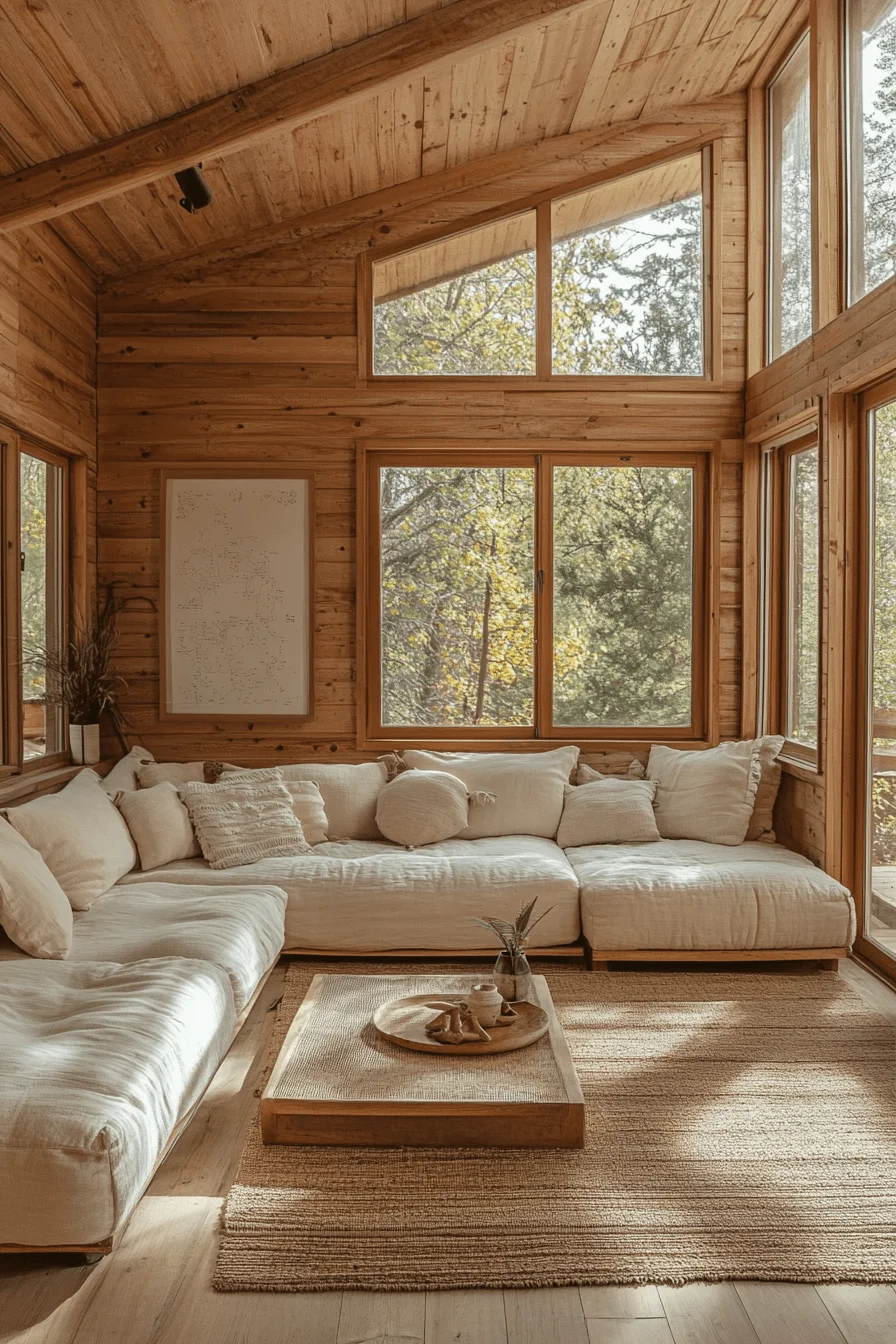 Streamlined cabin living room with hearth