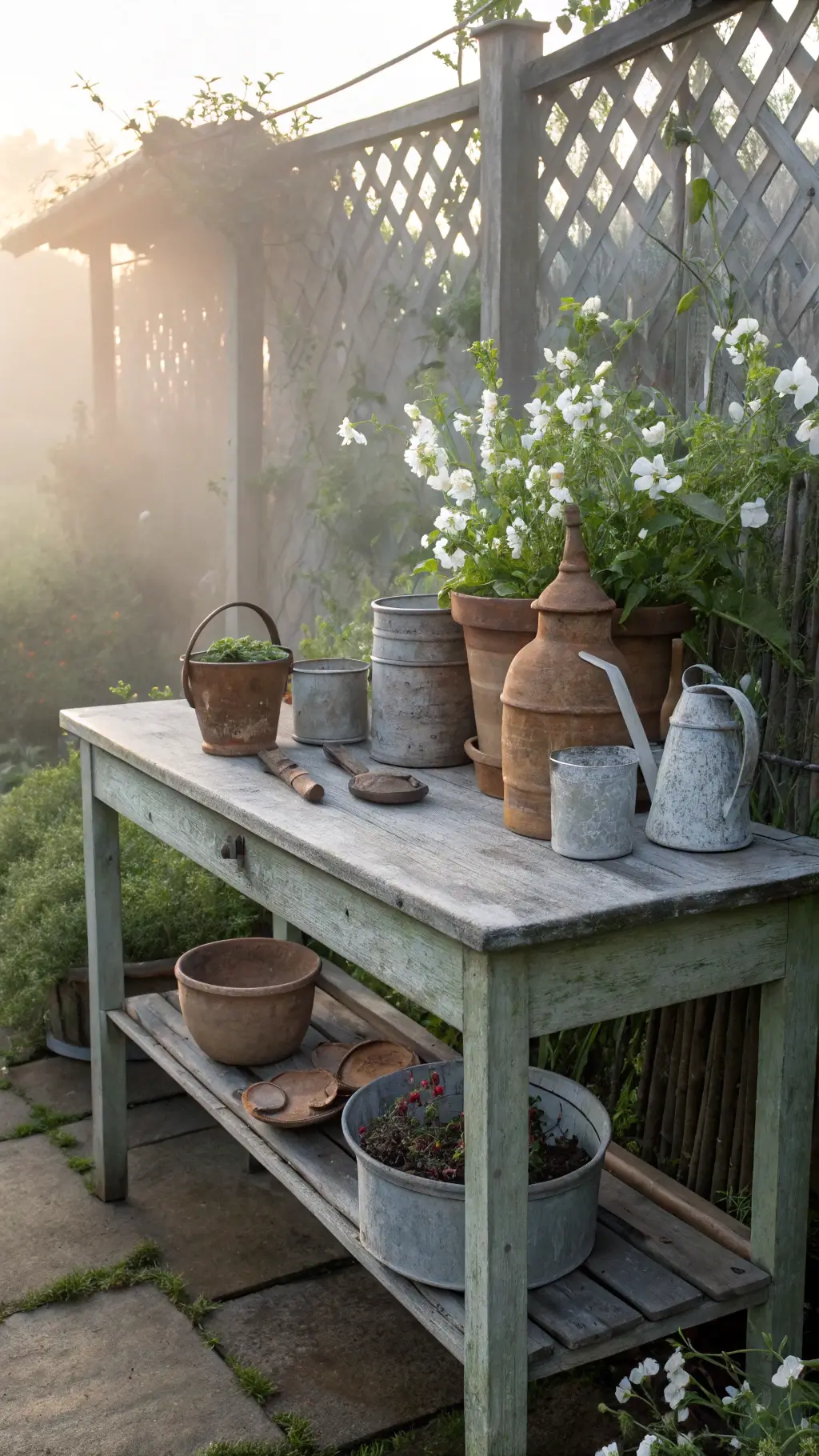 morning light in a cozy cottage garden with vintage wooden potting table and terracotta pots