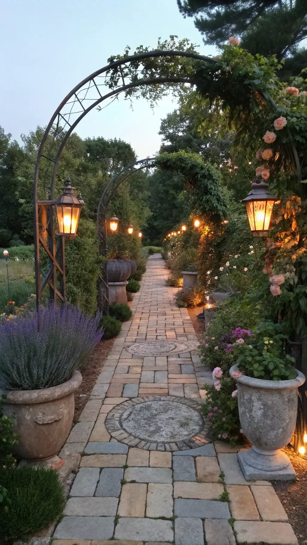 twilight garden path with antique lanterns and vintage zinc planters under a metal archway with clematis