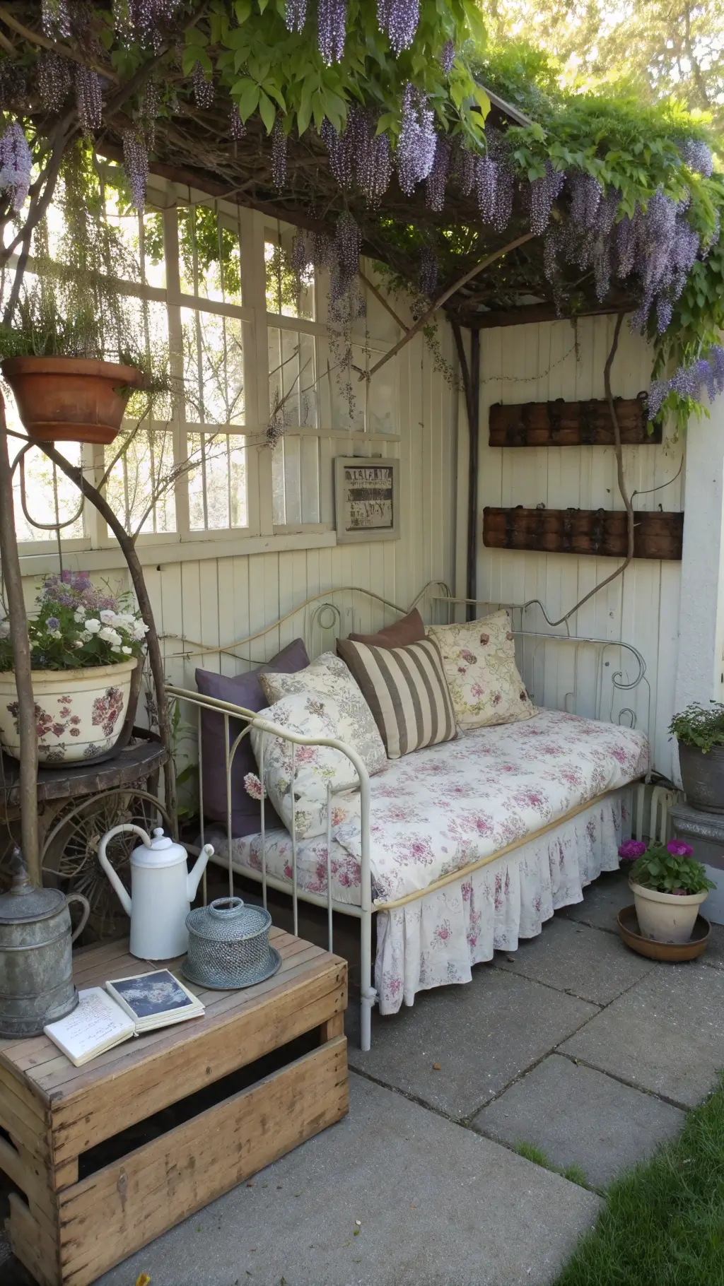 cozy garden reading nook with vintage daybed and antique accents under wisteria
