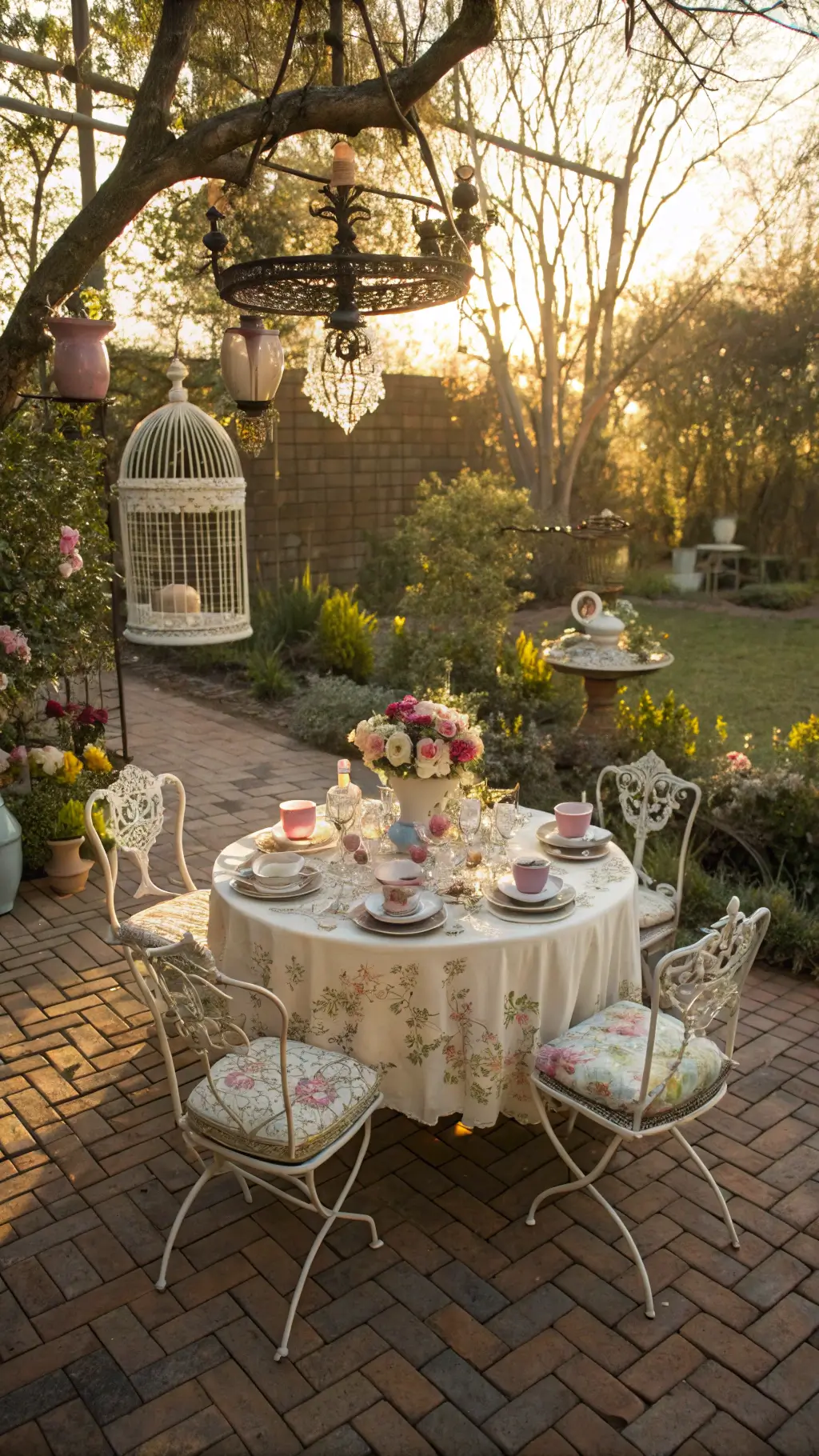 garden tea party with pastel mismatched chairs around wrought iron table with antique china and vintage birdcages