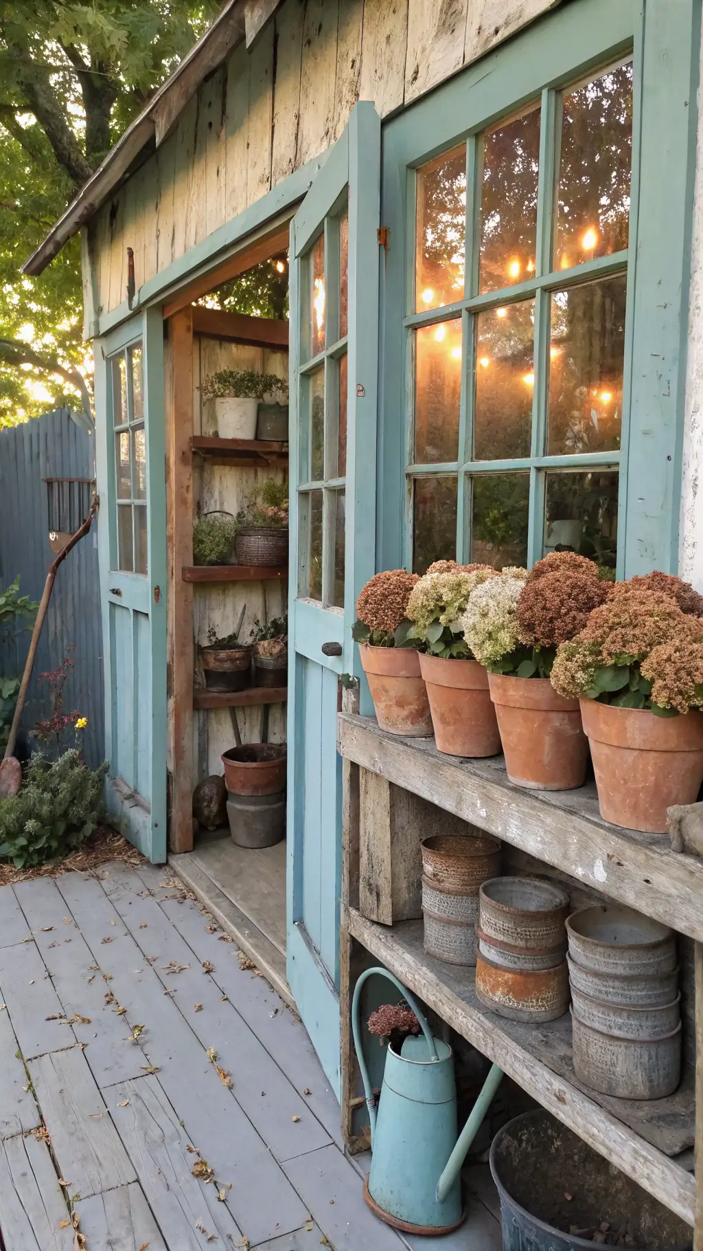 rustic potting shed entrance with vintage window frames and terracotta pots on wooden shelves