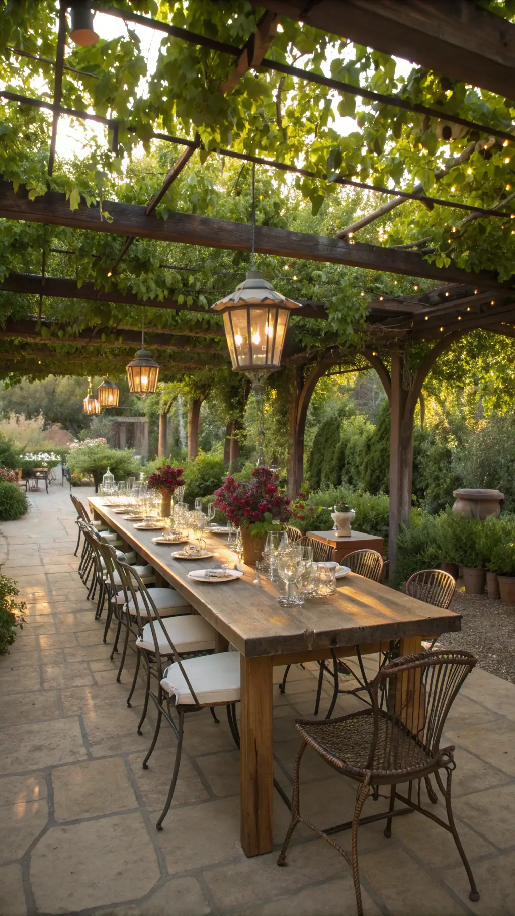 vintage-inspired garden dining area under pergola with grapevines, farmhouse table, mixed chairs, and antique chandeliers