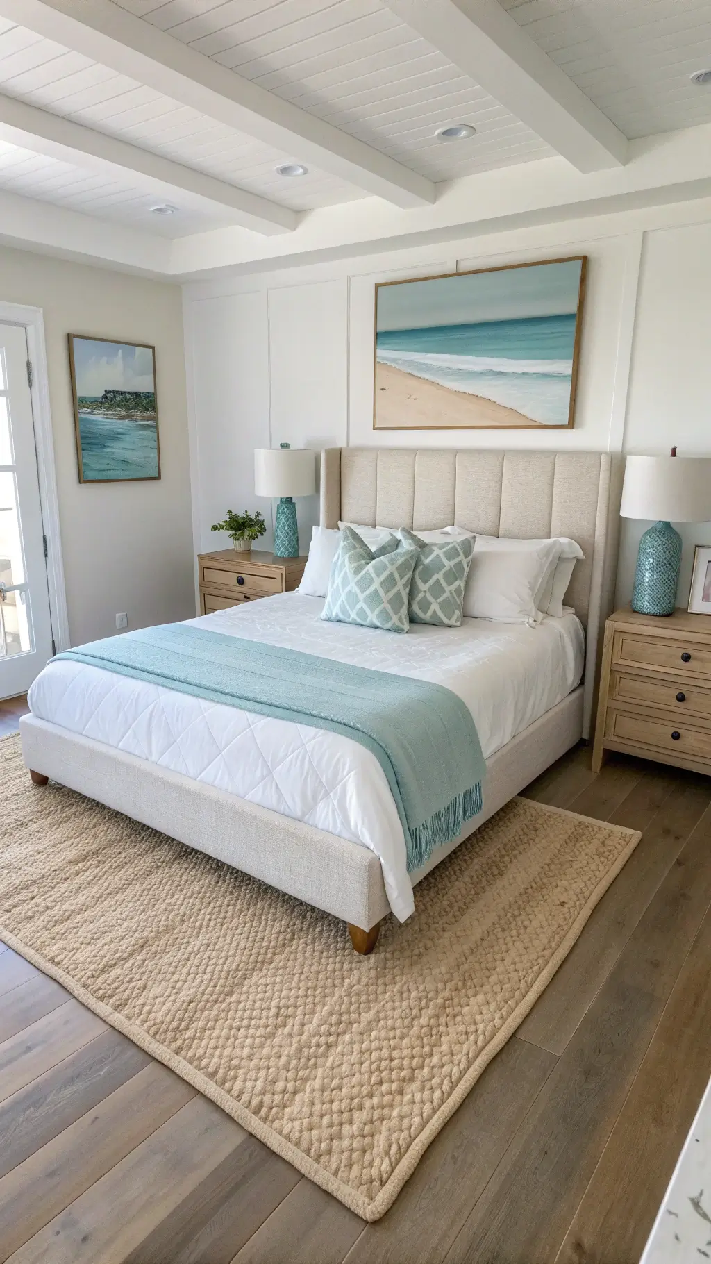 Bird's eye view of beach-themed bedroom with white linen-upholstered bed, weathered nightstands, blue ceramic lamps, jute rug, minimal coastal artwork in brass frames, Boston fern, natural overhead lighting