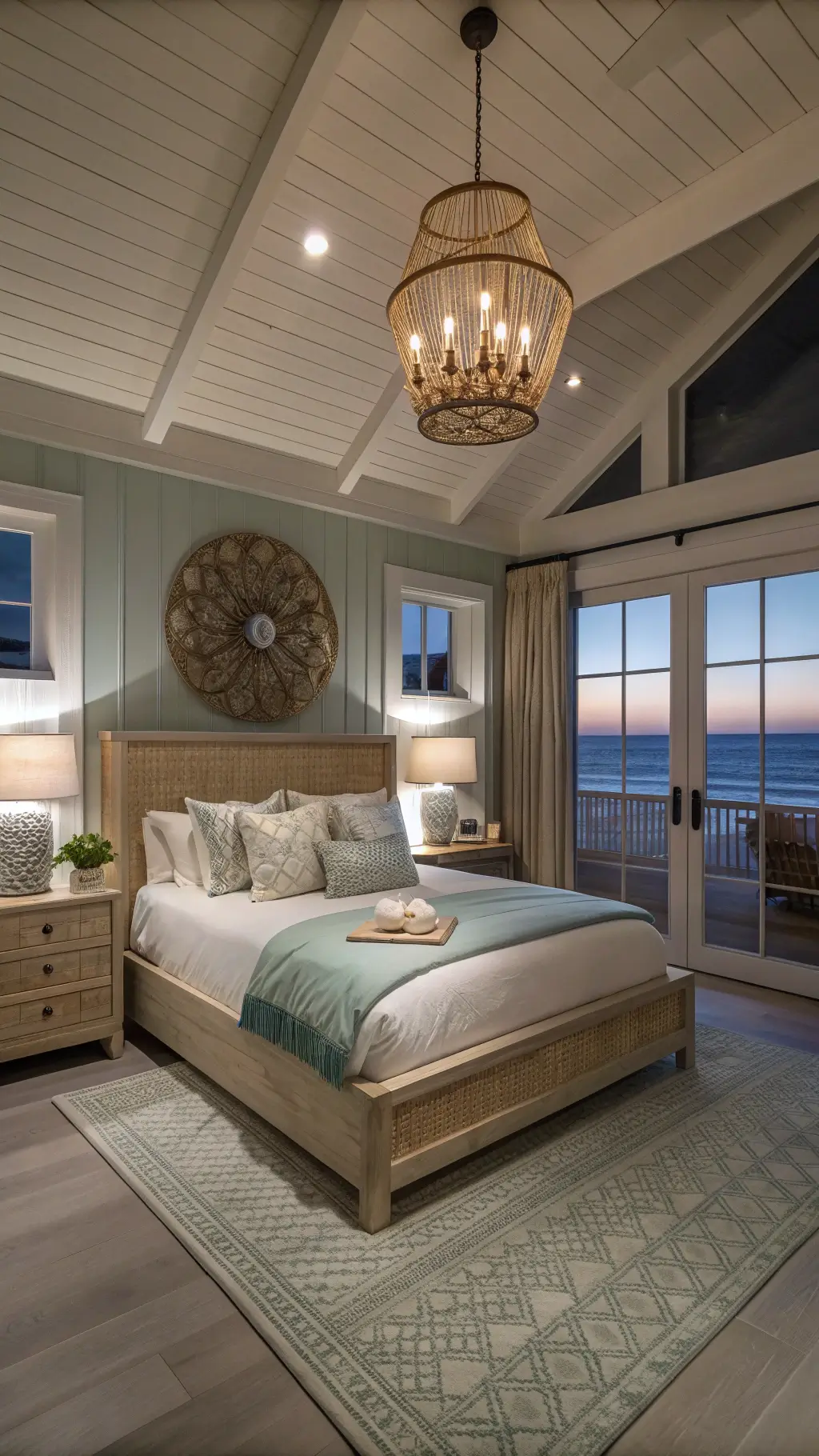 Spacious coastal master bedroom with low-profile teak platform bed, cloud-white linen, sage green and pale blue accents, floor-to-ceiling windows with sheer panels, rattan pendant lighting, maritime decor on vintage dresser, grasscloth wallpaper