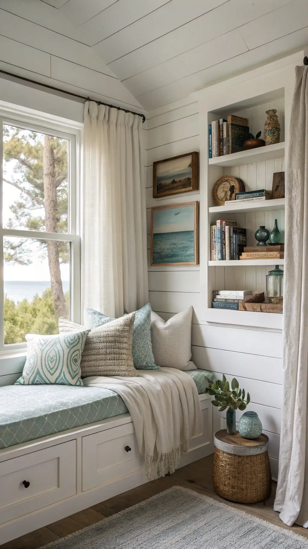 Cozy window nook with linen cushioned seat, sea glass-hued pillows, whitewashed shiplap walls, floating shelves displaying beach finds and art books