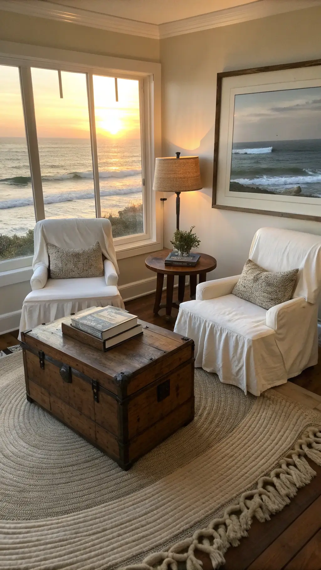Cozy coastal sitting area with ivory linen chairs, vintage trunk coffee table, black and white beach photo, warm golden hour lighting