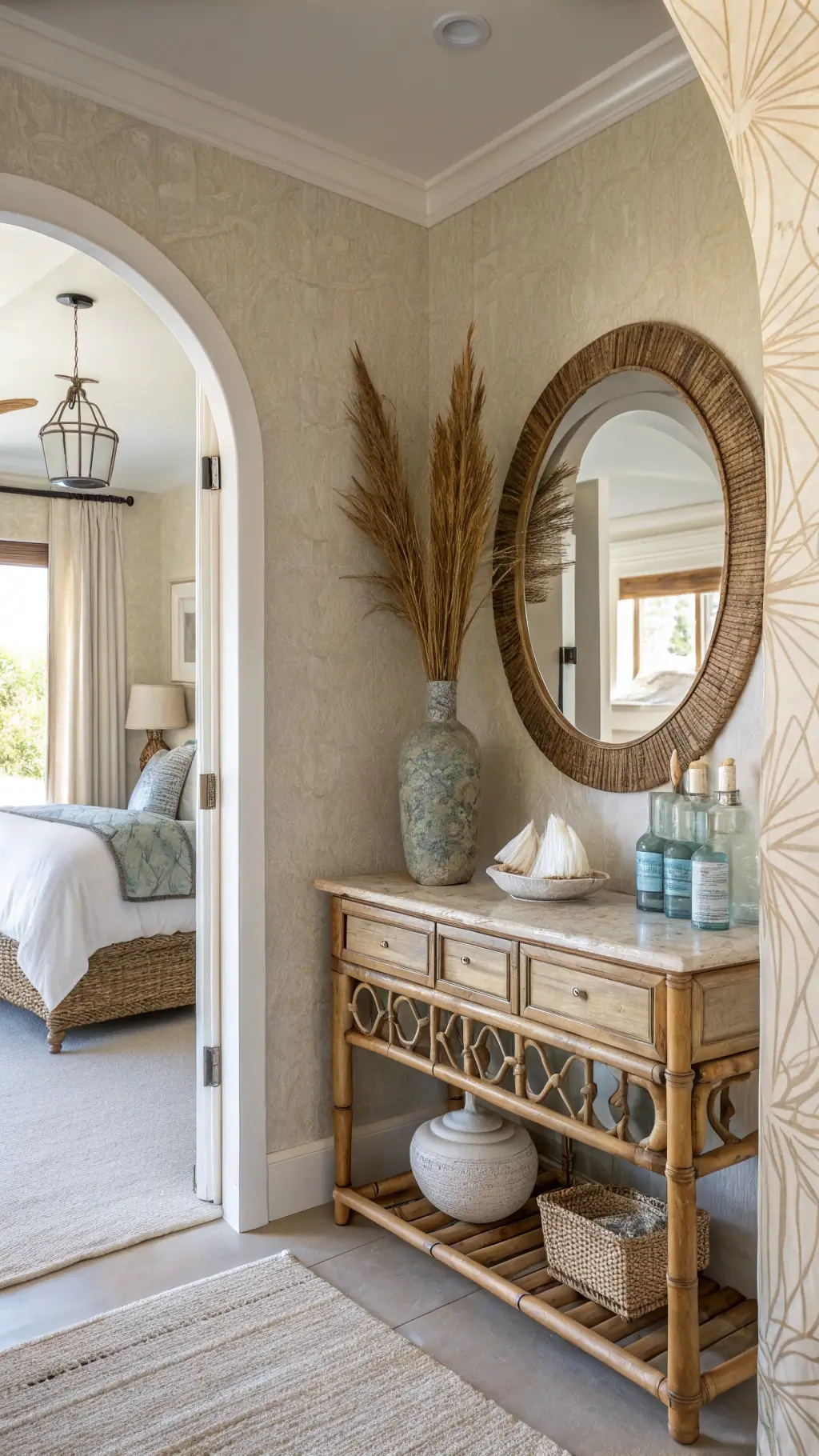 Beach-themed ensuite transition space with arched doorway, vintage bamboo console, sea-toned glass bottles, round capiz shell mirror, pale sand-colored grasscloth wallpaper, ceramic vessel with dried pampas grass, white coral sculpture