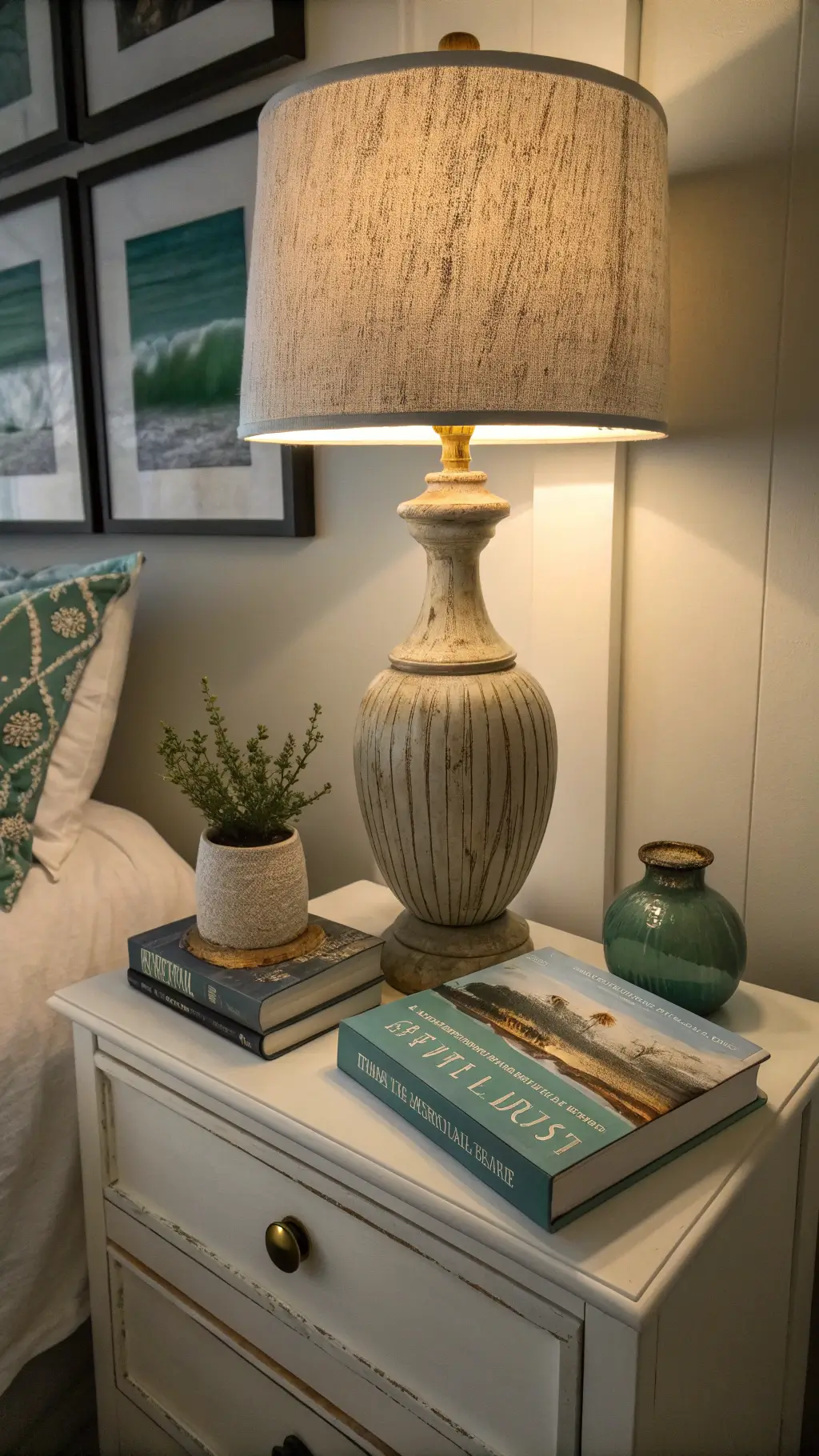 Moody evening bedroom detail with driftwood lamp, coastal-themed books, air plant, seafoam green ceramic vessel, brass frame with wave drawing on whitewashed nightstand under warm lighting