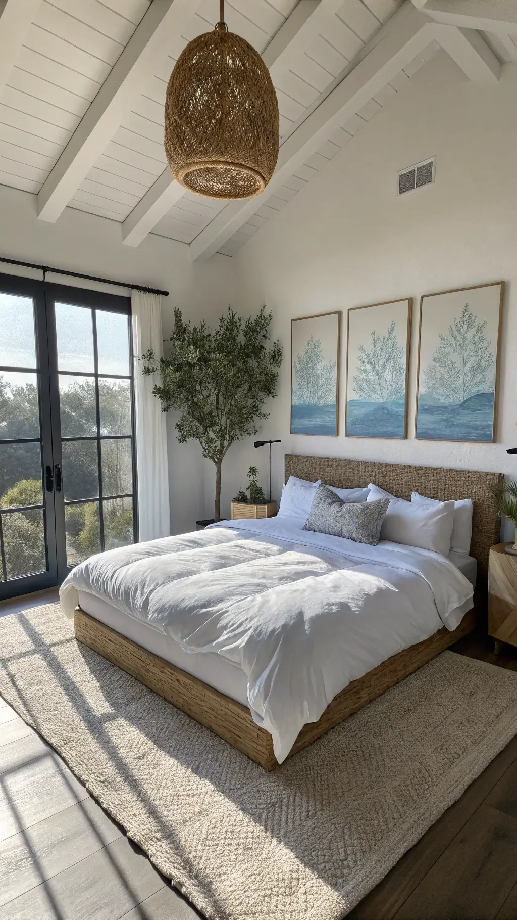 Master bedroom with California king bed, floor-to-ceiling windows, seagrass headboard, abstract artwork, potted olive tree in morning light