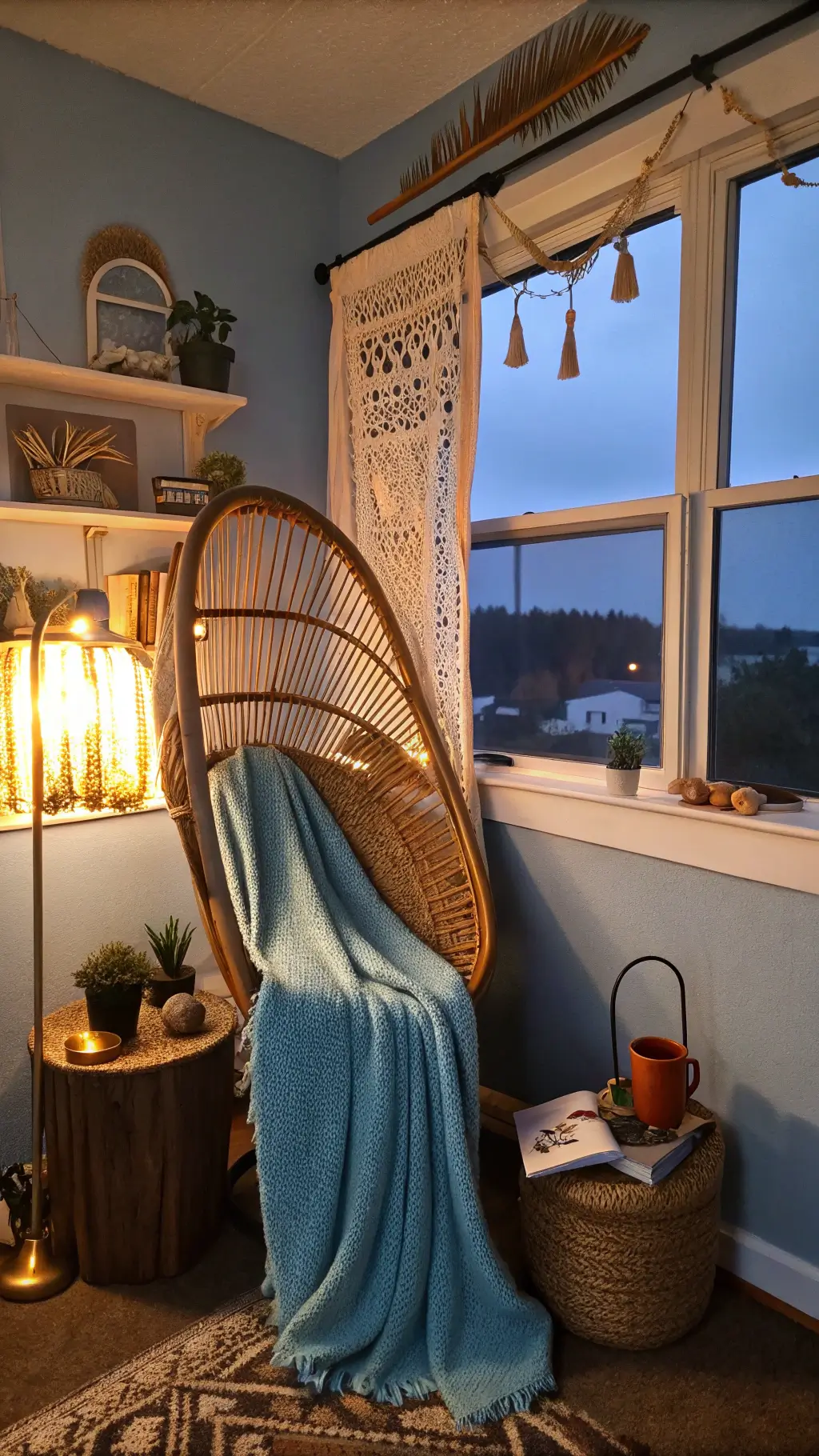 Cozy reading nook with vintage rattan peacock chair, brass floor lamp, floating shelves with beach finds and books, macramé wall hanging, small side table with ceramic mug in soft evening light