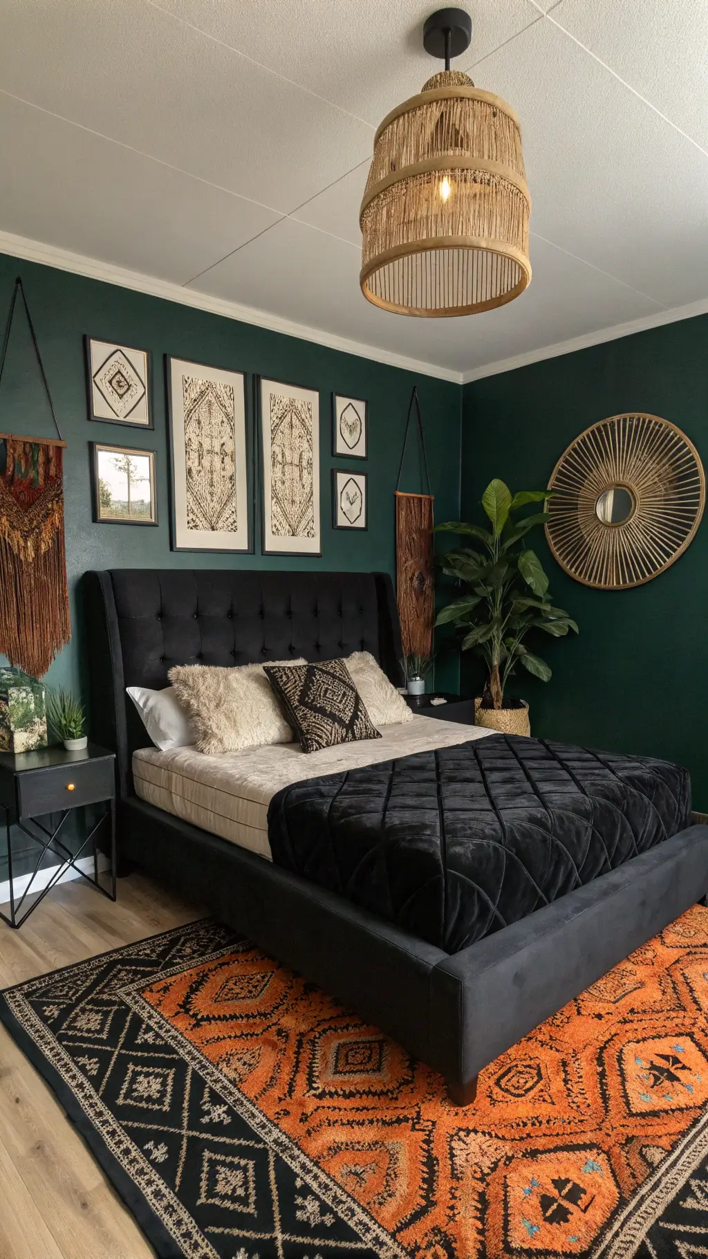 Intimate bedroom corner with black velvet platform bed, emerald accent wall, rattan pendant light, woven cream hangings, vintage rugs, and monstera plant
