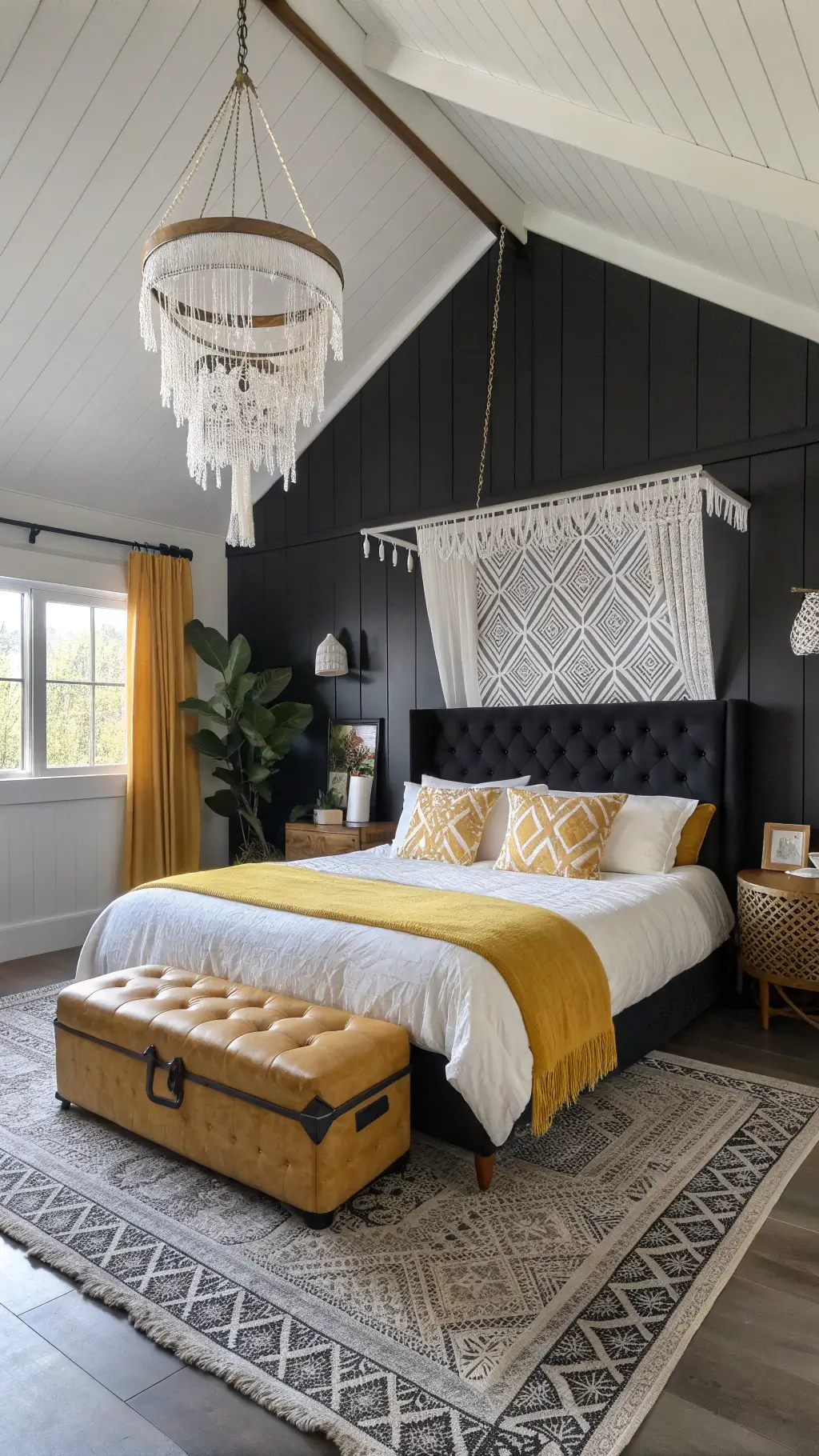 Sunlit master bedroom with vaulted ceilings, black shiplap wall, white macramé canopy over velvet bed, mixed metal decor, crystal prisms, geometric Moroccan rug, mustard and cream bedding, leather pouf, vintage trunk