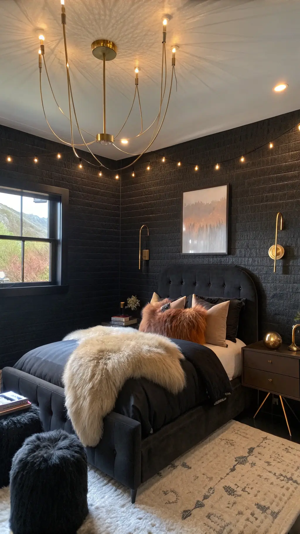 Cozy twilight bedroom with string lights, grasscloth wallpaper, low-profile bed with layered linens, oversized abstract art, and rattan chair
