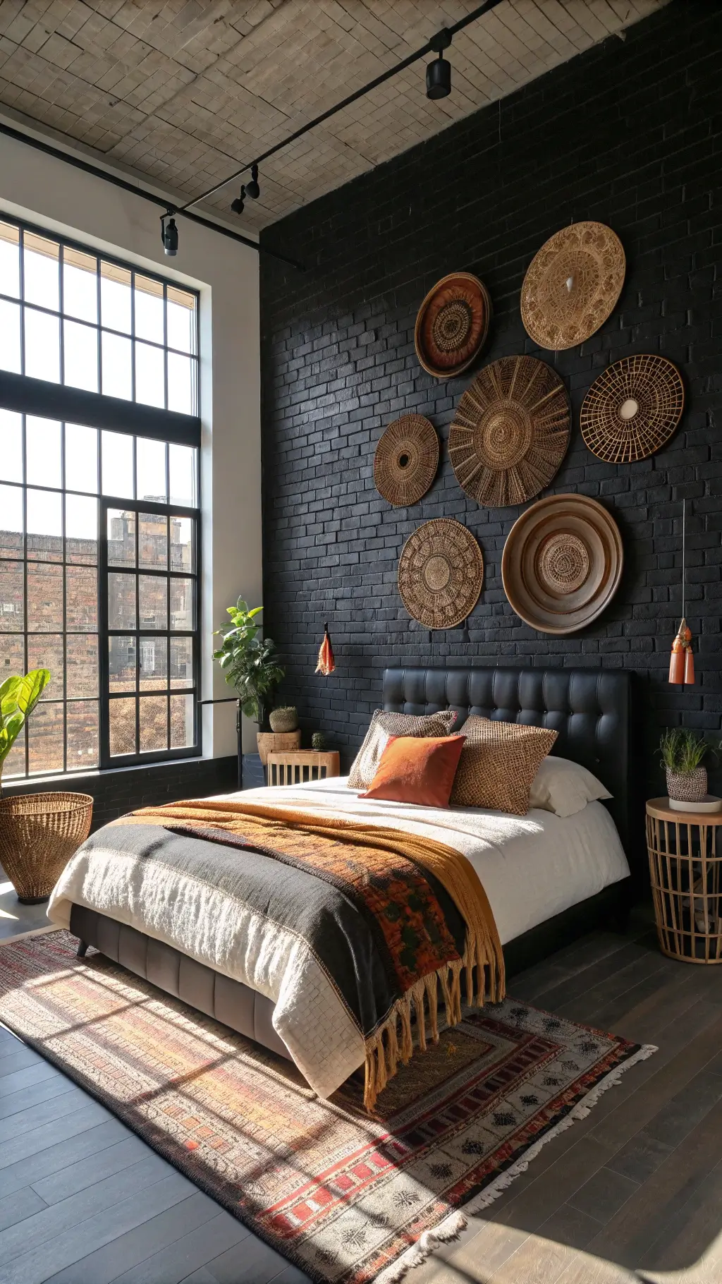 Modern boho bedroom with black painted brick wall, woven baskets, copper mirrors, leather headboard, global textiles in rust and amber, morning light