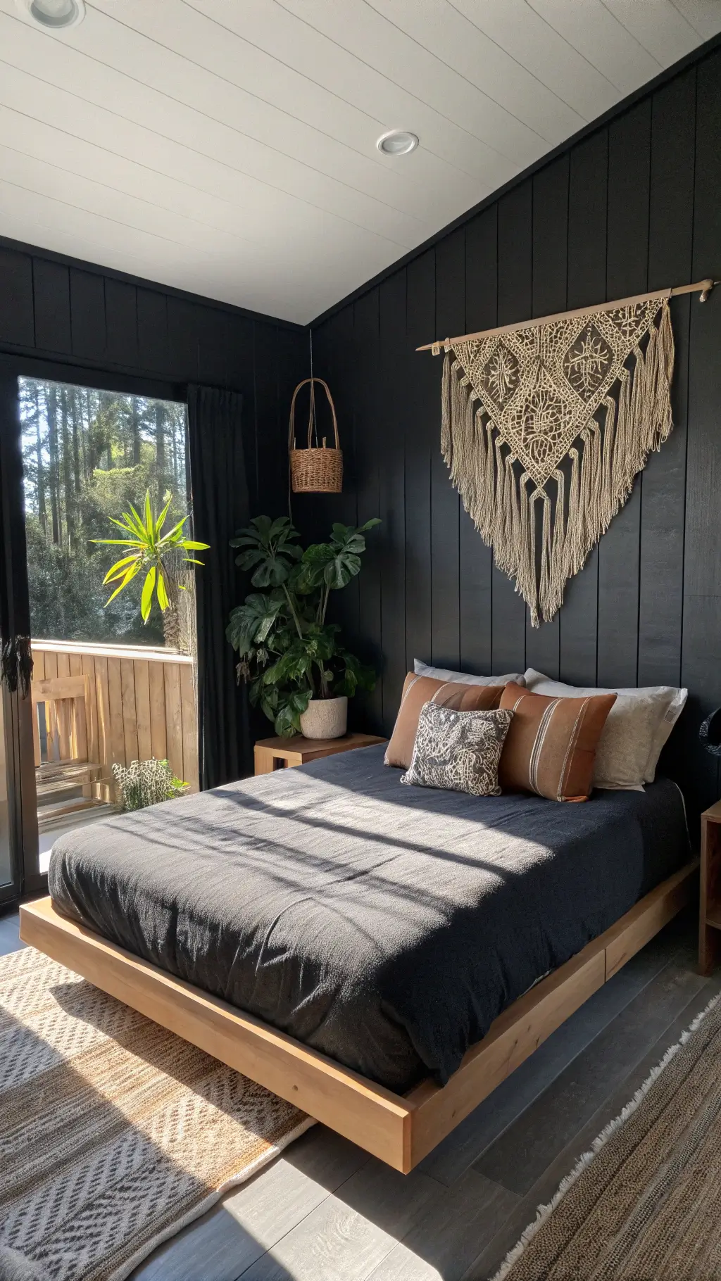 Sunlit bedroom corner with black shiplap walls, floating platform bed with black linen bedding, oversized macramé wall hanging, fiddle leaf fig tree