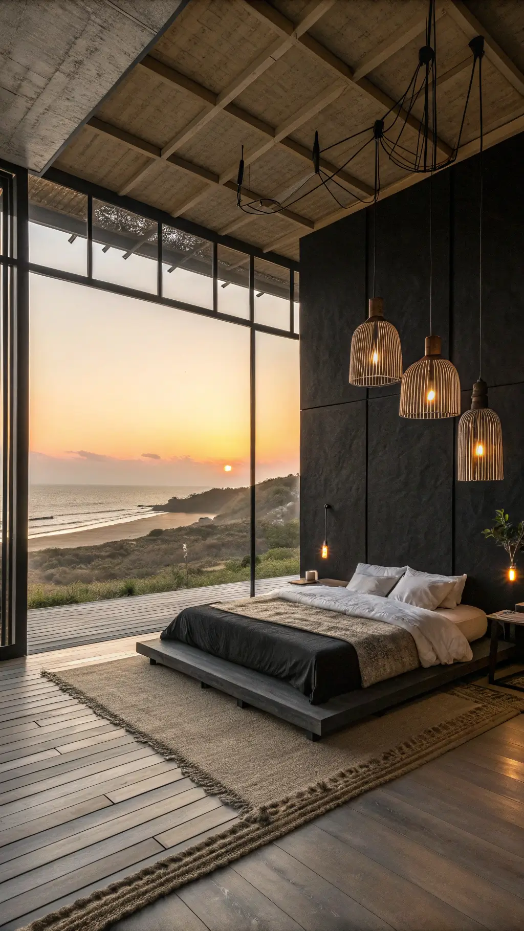 Minimalist bedroom with black lime-washed walls, low Japanese-style ebony wood bed, charcoal linen, cream wool accents, pendant lights