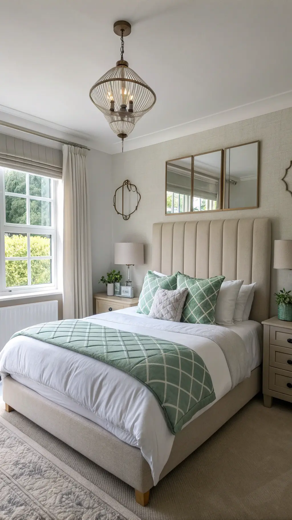 Modern minimalist bedroom with oatmeal linen headboard, sage green accents, geometric throw pillows, and IKEA pendant lights, warmly lit by dawn light amplified by a gilt-frame mirror.