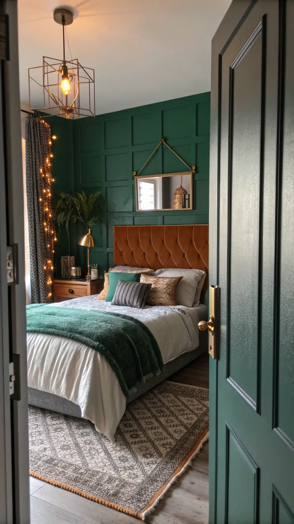Cozy vintage-inspired bedroom with emerald green DIY painted panel headboard, mixed metal accents, and layered bedding at golden hour, shot from doorway perspective.