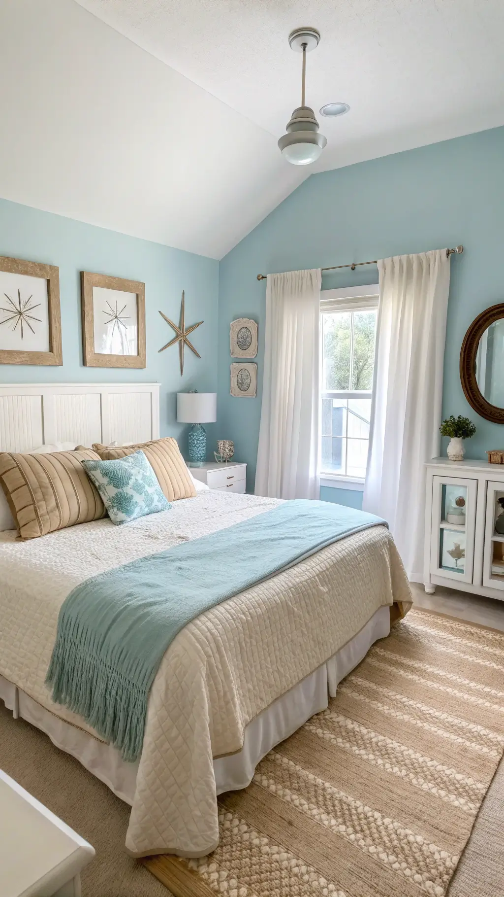 Bright and spacious 14x16ft bedroom with coastal theme, featuring a pale blue accent wall adorned with nautical art behind a white headboard, layered beige and aqua bedding with textured throws, white curtains and strategically placed mirrors to maximize natural light.