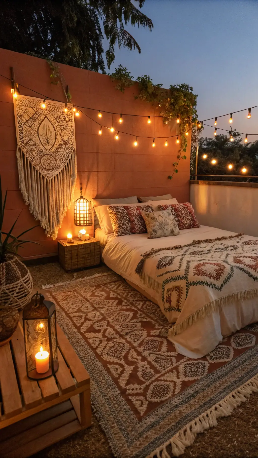 Bohemian-style bedroom at dusk with vintage lamps, copper string lights, and candles providing warm lighting, a natural jute rug under an earth-toned bed, a terracotta wall with a DIY macramé headboard, all viewed from a low angle to emphasize the layered lighting.