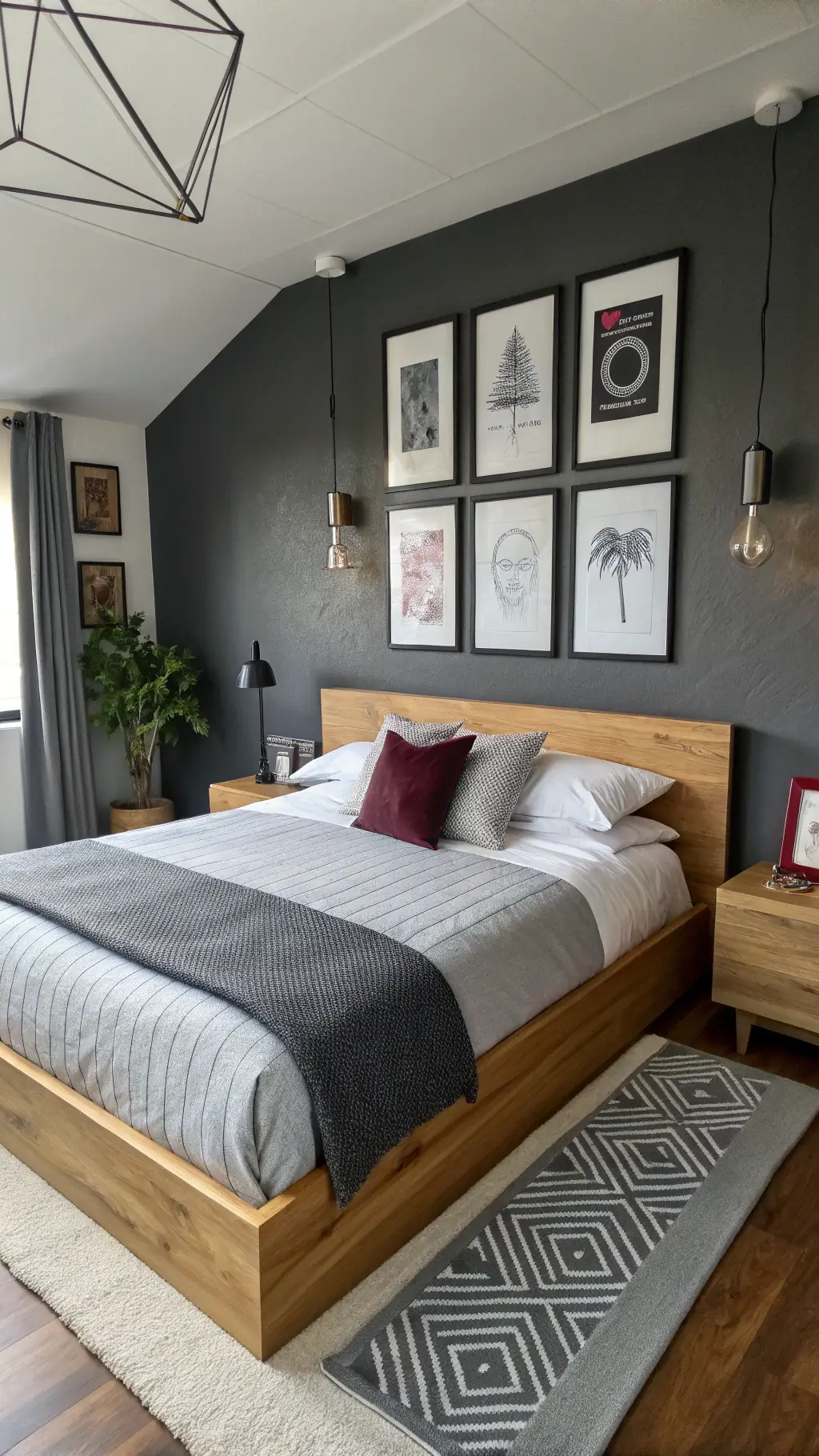 High angle shot of a modern 16x14ft bedroom with morning light highlighting a platform bed in layers of monochromatic gray and white, a DIY minimalist wooden headboard against a charcoal gray wall, and thrifted modern art pieces creating a gallery wall.