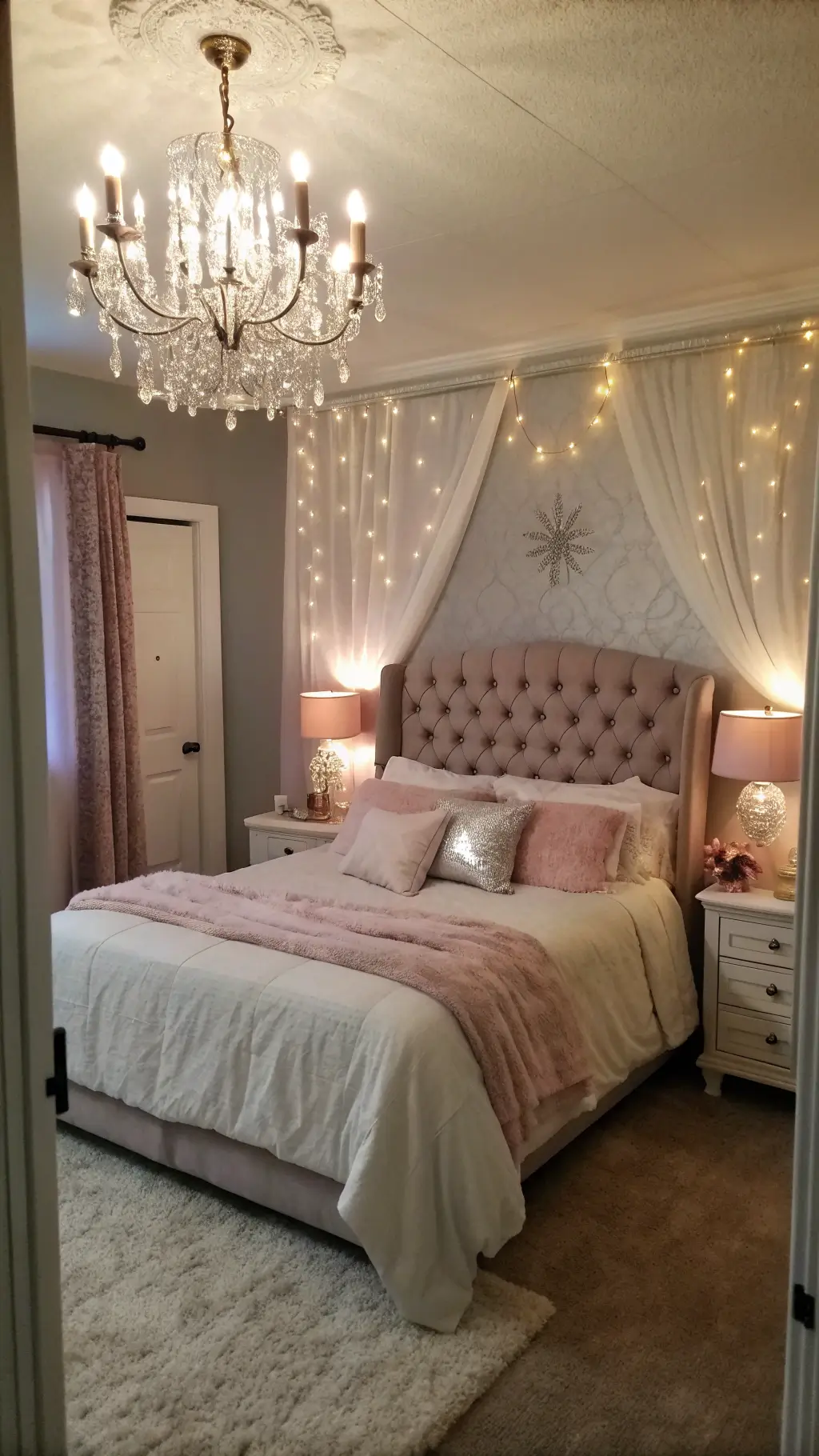 Romantic 13x15ft blush velvet tufted bedroom illuminated by vintage chandelier and soft string lights, decorated with crystal and mercury glass accessories against pale gray walls.