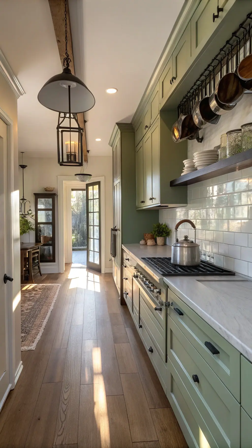 Galley kitchen with sage green cabinets, matte black hardware, vertical storage, LED lighting, pendant lamp, white oak floors, and vintage runner