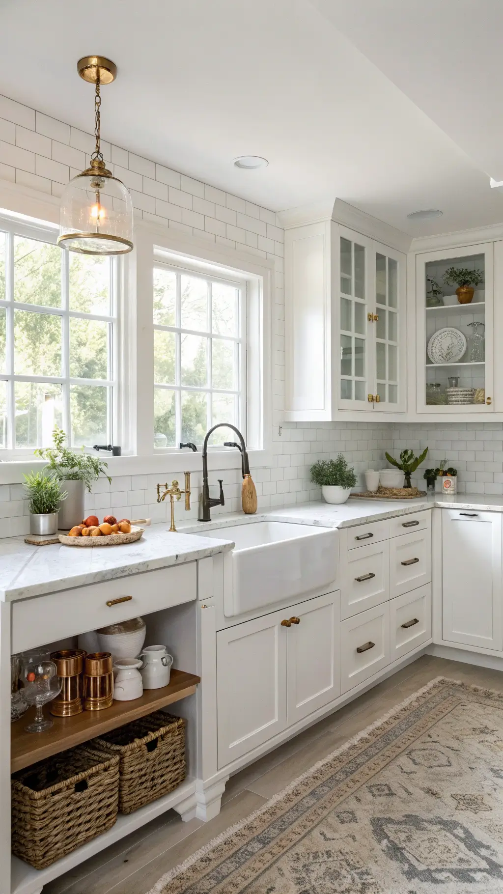 Bright kitchen with white walls, glass-front cabinets, Carrara marble countertops, brass fixtures, rolling wine cart, fresh herbs, woven bread basket, and copper mugs on open shelves