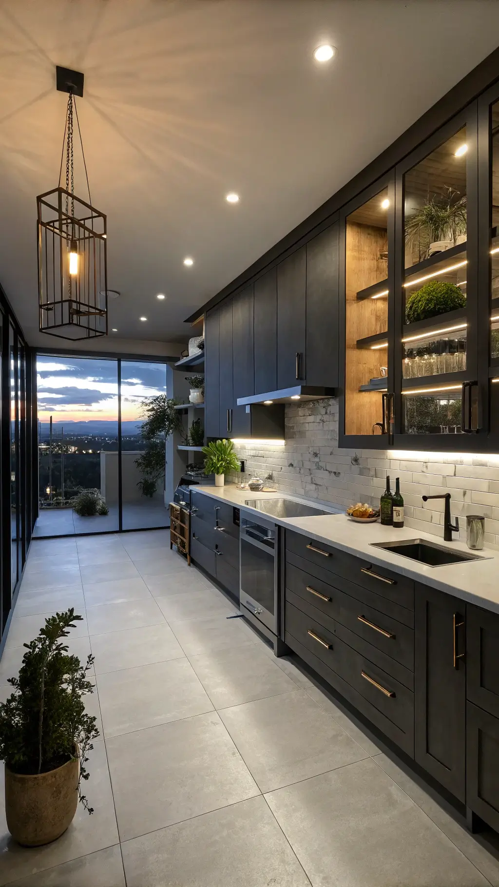 Compact urban kitchen with charcoal cabinets, white quartz countertops, floor-to-ceiling pantry, industrial pendant lighting, and dramatic LED accents