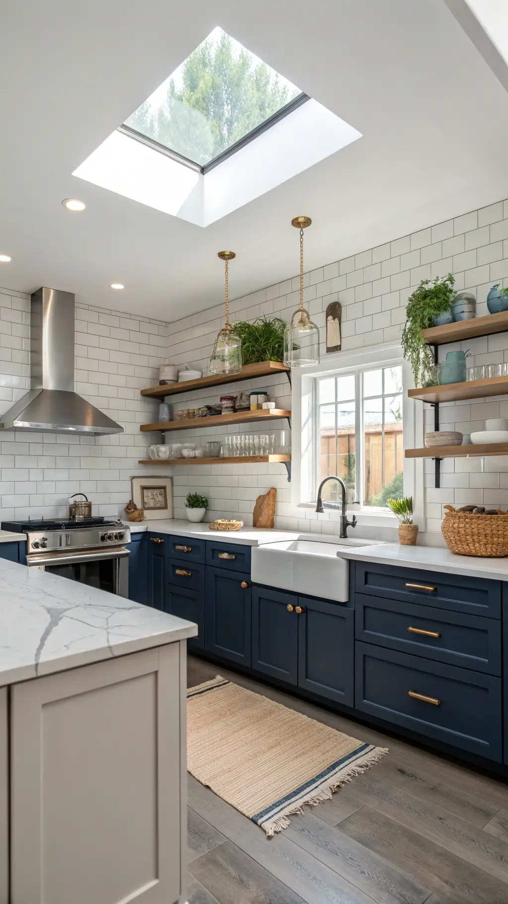 Minimalist kitchen with two-tone cabinets, floating shelves, marble island, and stylish accents illuminated by natural light