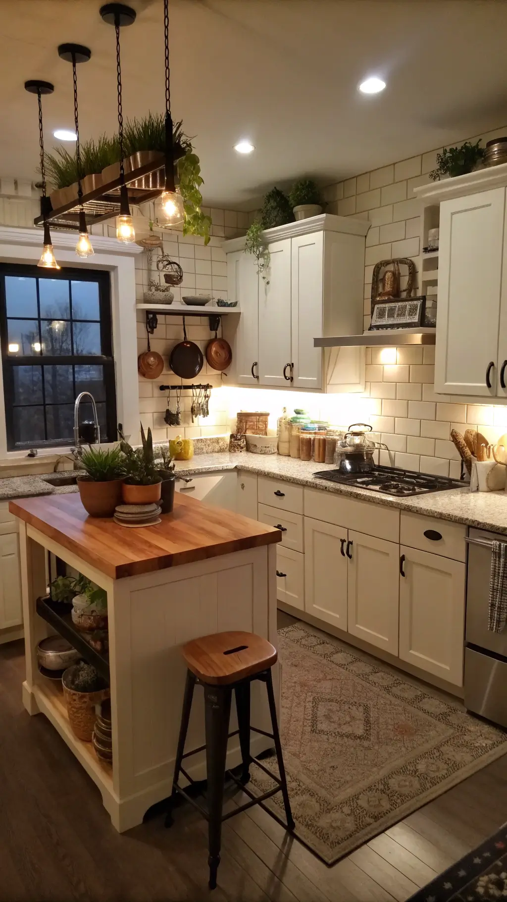 Cozy kitchen with cream cabinets, butcher block counters, white subway tile backsplash, vintage accents, ceiling-mounted pot rack, and breakfast bar